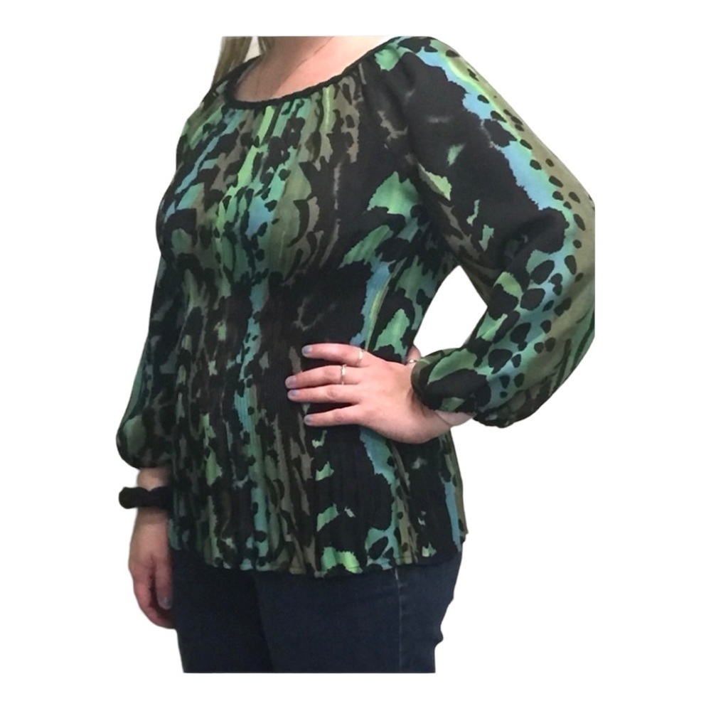 Plisse tropical print peasant top bright greens blues with black animal print M